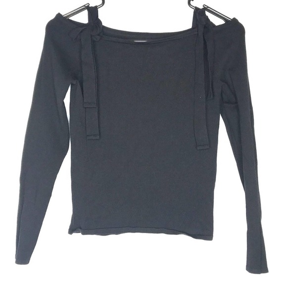 Tie Cold off Shoulder Long Sleeve Top Tee Black - Picture 1 of 5